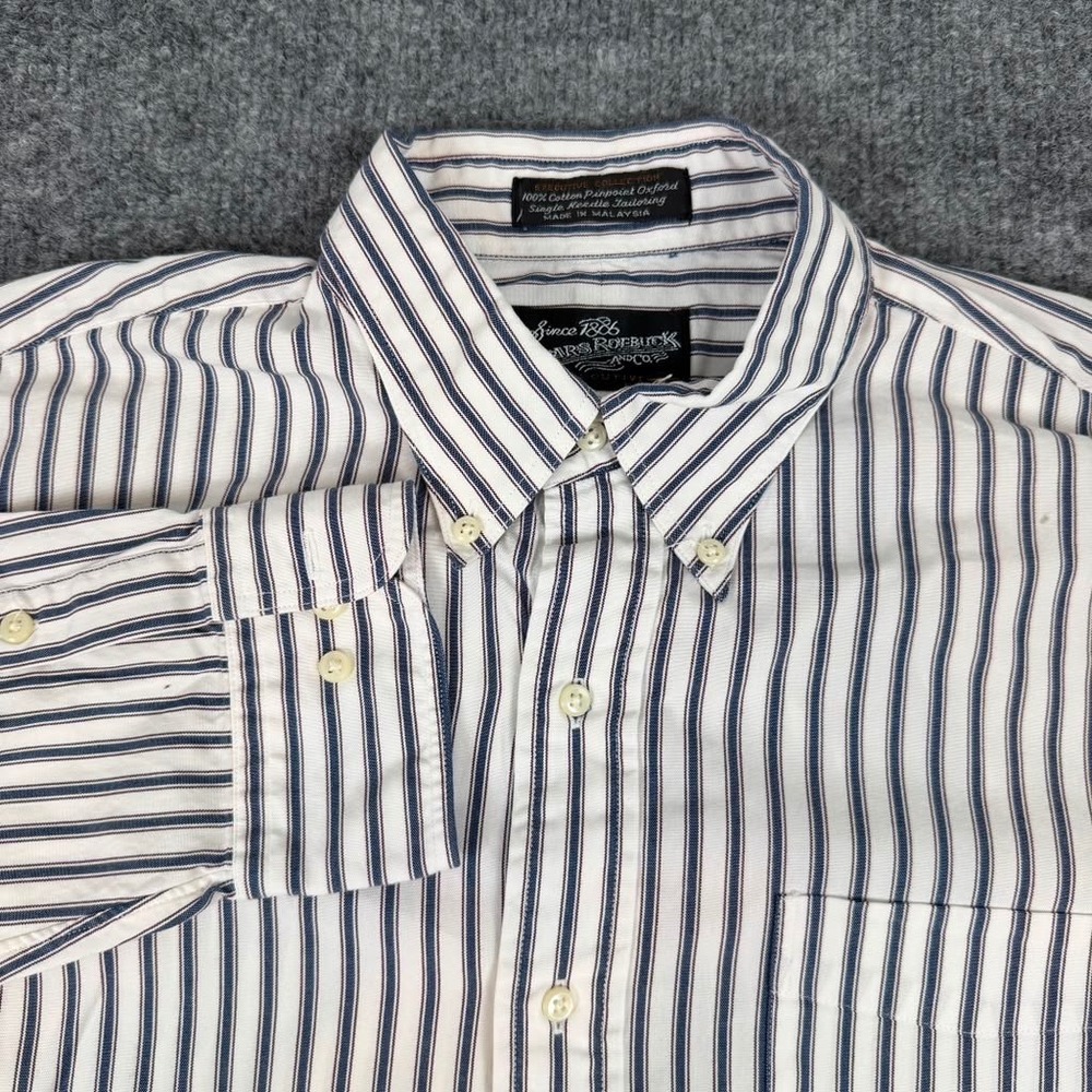 Y2K Sears Roebuck Executive Oxford Striped Button Down Mens 16 34/35 Blue White